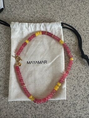 Mayamar Pink and Yellow Glass Bead Necklace with Gold Accents